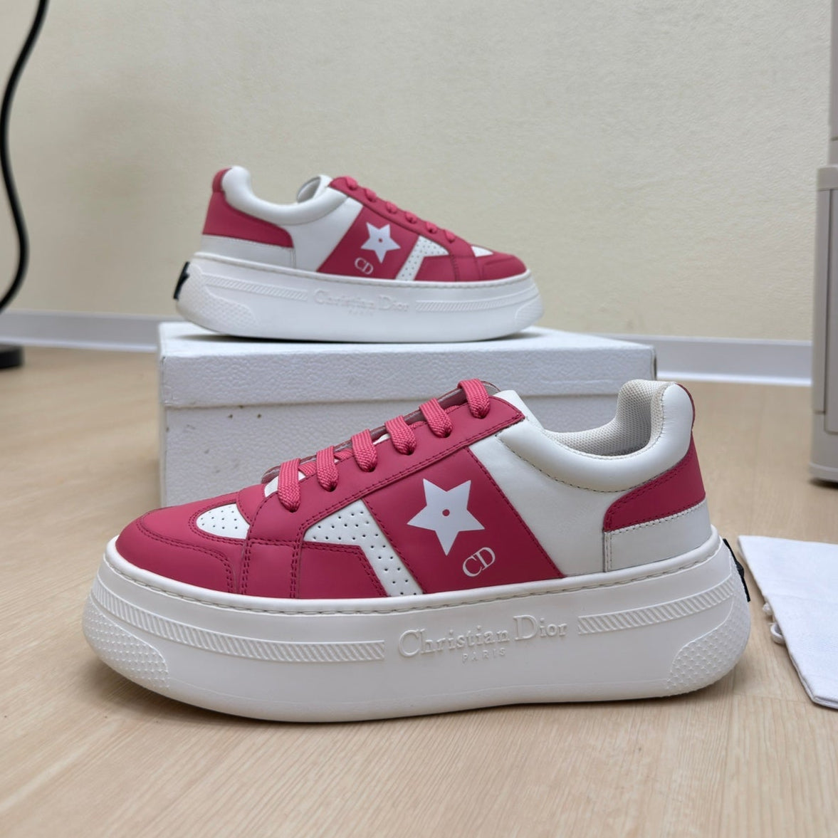 Dior Star Platform Sneaker in White Mix Red Pink Calfskin