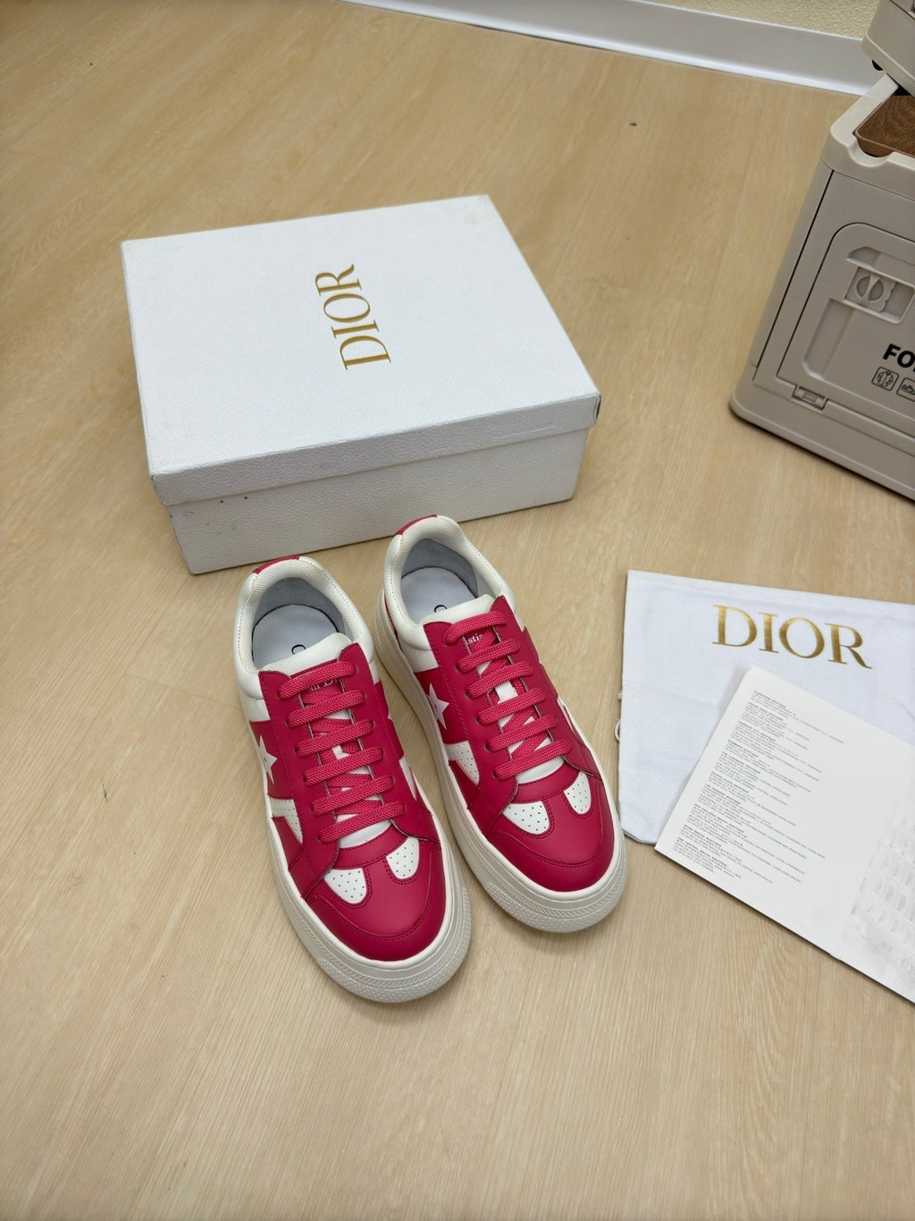Dior Star Platform Sneaker in White Mix Red Pink Calfskin
