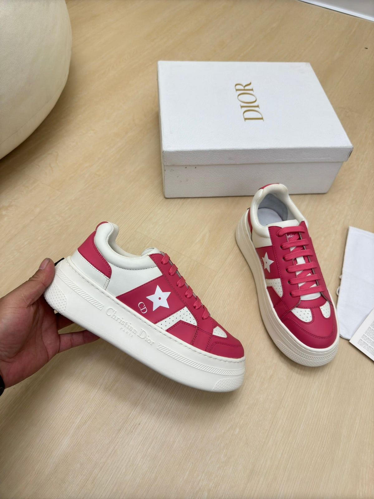 Dior Star Platform Sneaker in White Mix Red Pink Calfskin