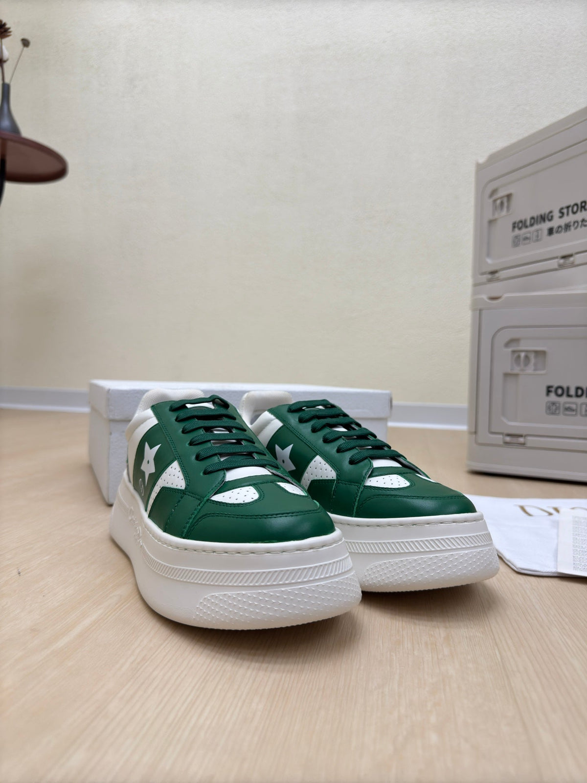 Dior Star Platform Sneaker in White Mix Emerald Green Calfskin