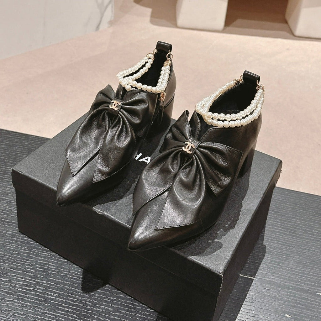 Chanel Short Boots in Black Sheepskin with Bow