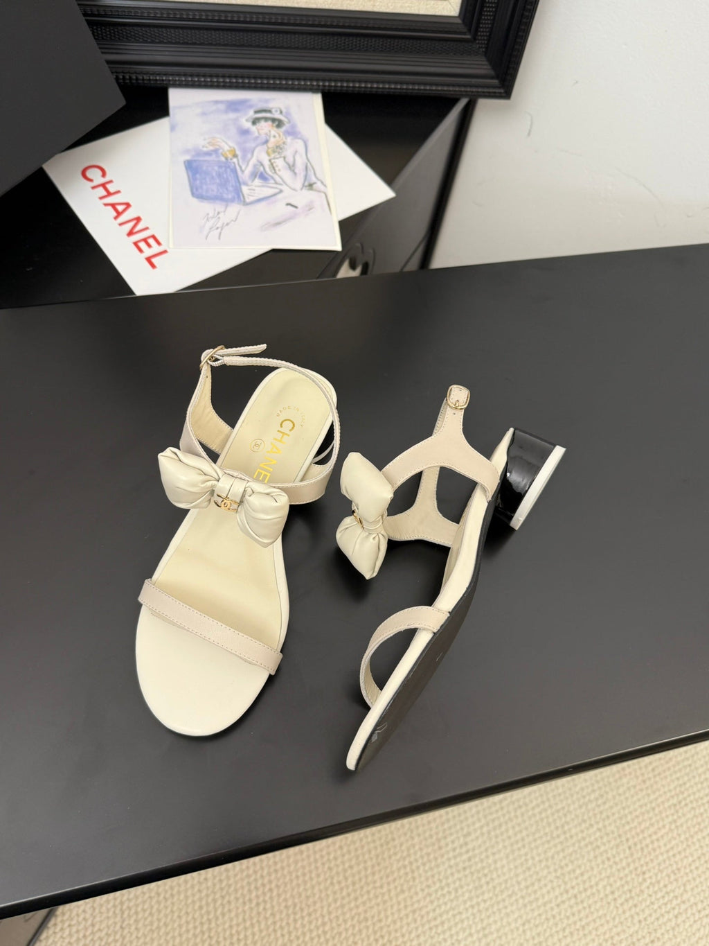 Chanel Flat Sandals in White Calfskin with Bow