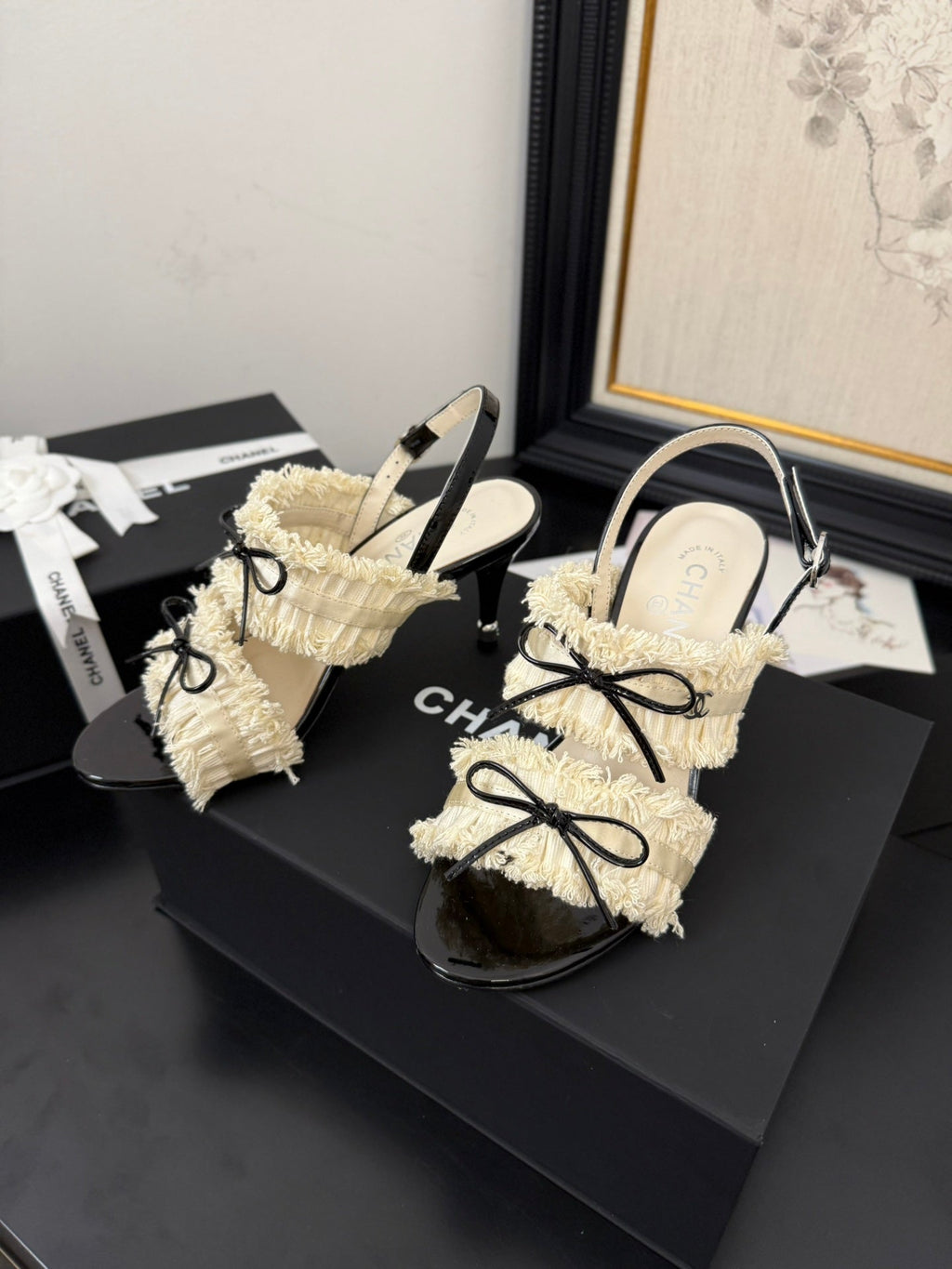 Chanel White Grosgrain Canvas Bow Slingback Sandals