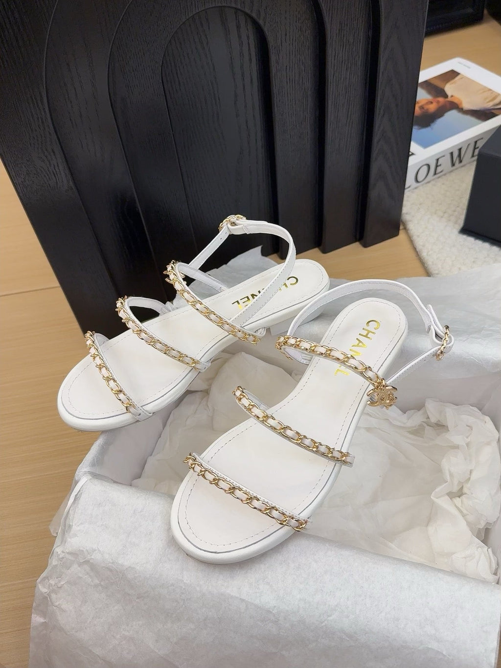 Chanel Three-Straps Sandals in White Calfskin with Gold Hardware