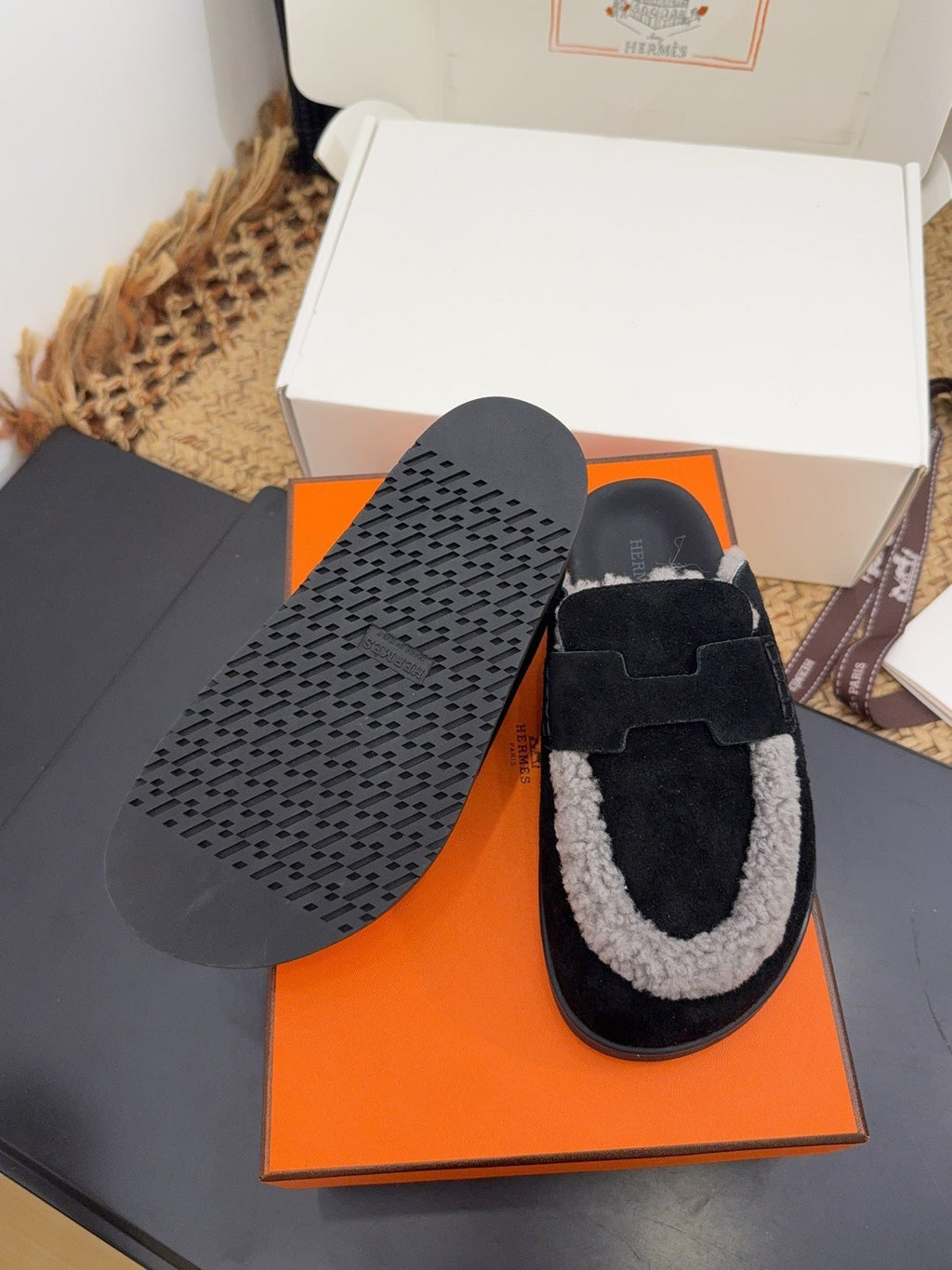 Hermes 25S Mule in Black Suede Mix Grey Shearling