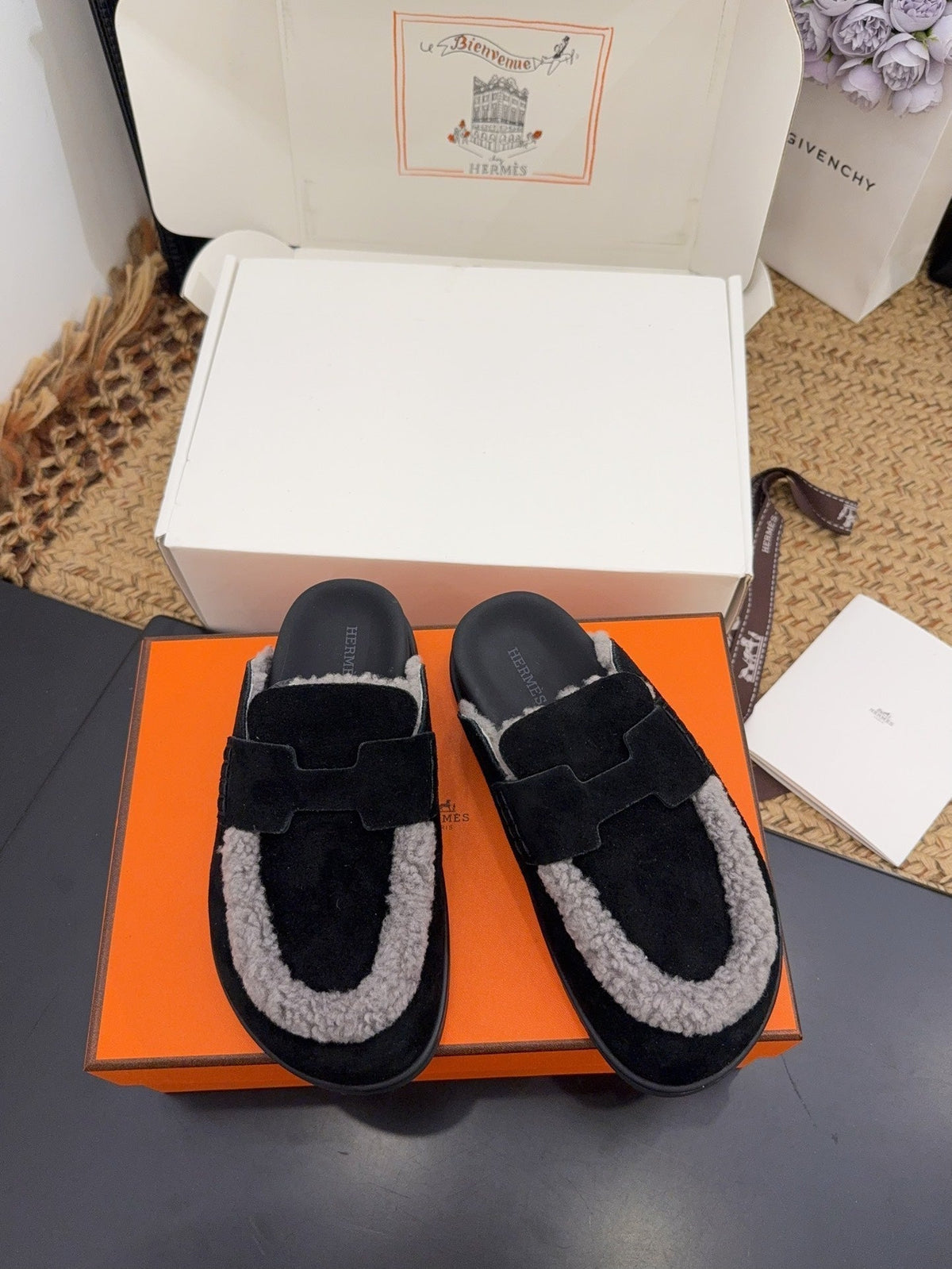 Hermes 25S Mule in Black Suede Mix Grey Shearling