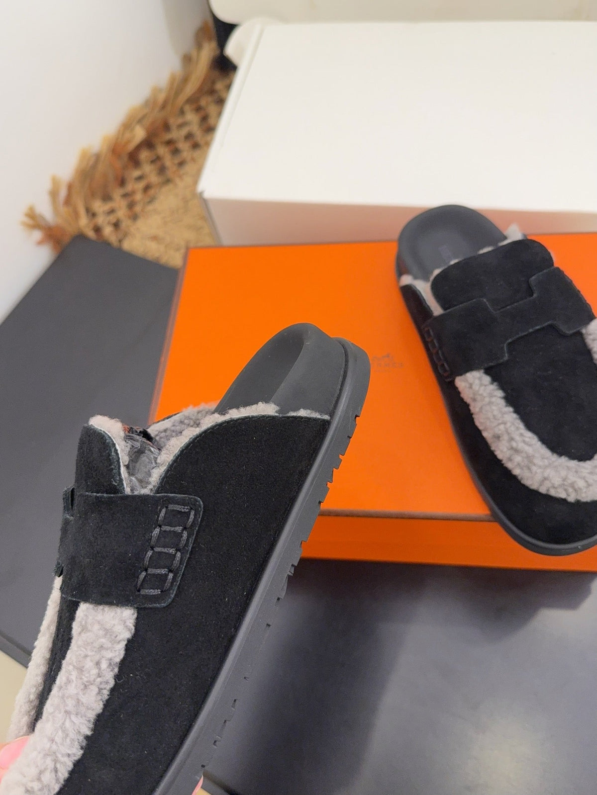 Hermes 25S Mule in Black Suede Mix Grey Shearling