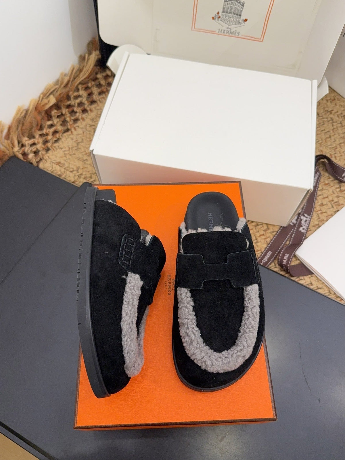 Hermes 25S Mule in Black Suede Mix Grey Shearling
