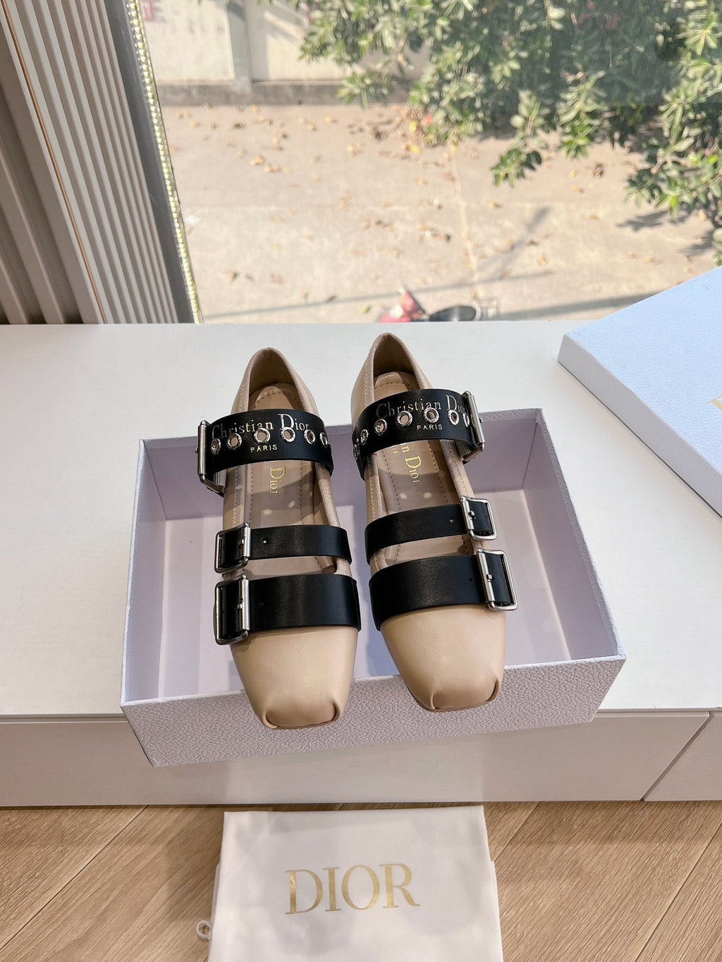 Dior Punk Ballet Flat in Camel Beige Mix Black Supple Calfskin