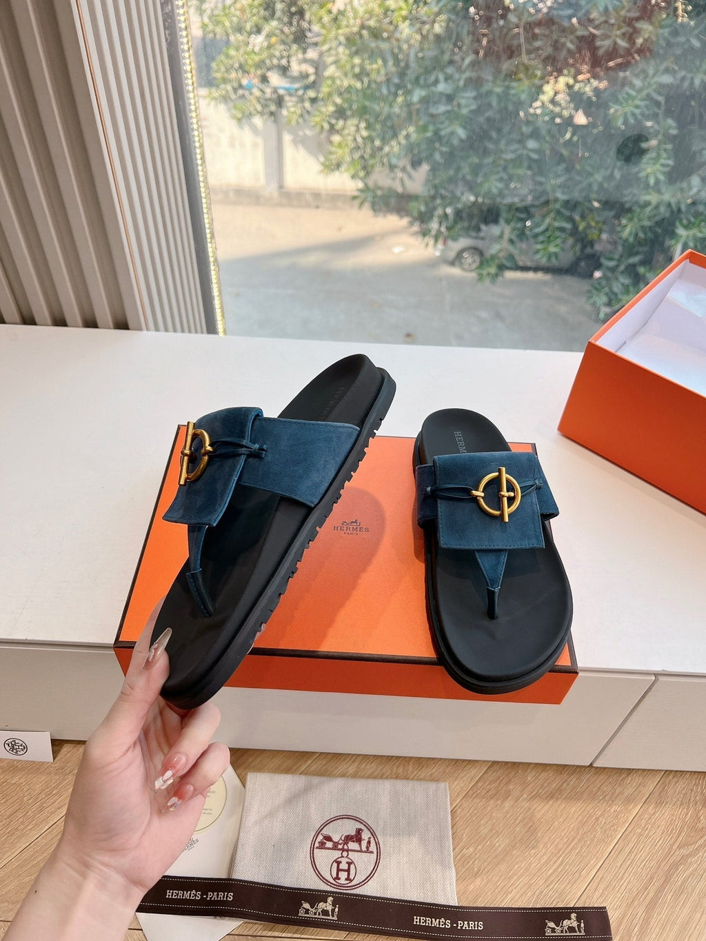 Hermes Joyce Sandal in Navy Blue Suede
