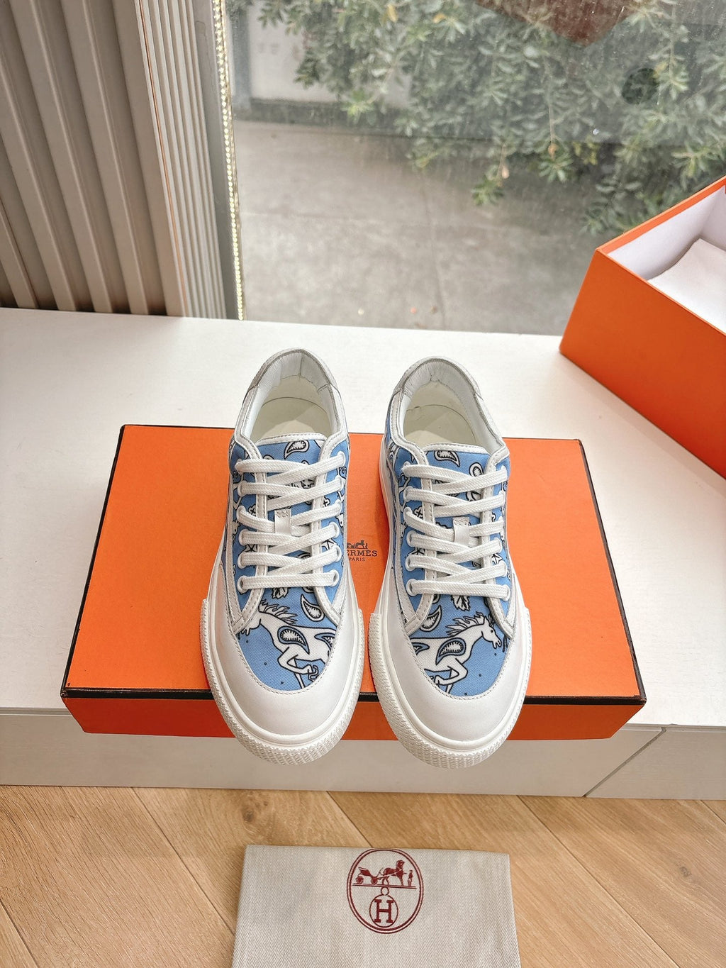 Hermes Get Sneaker in White Mix Cerulean Blue Maxi Canvas and Calfskin