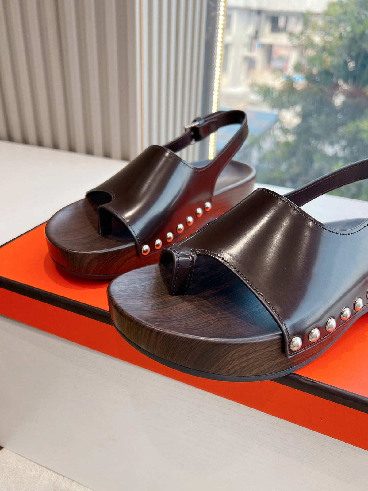 Hermes Flat Sandal in Brunette Brown Calfskin