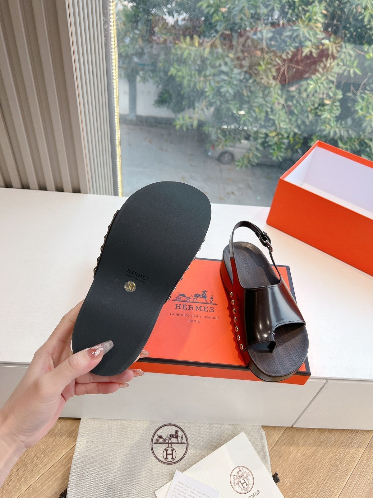 Hermes Flat Sandal in Brunette Brown Calfskin