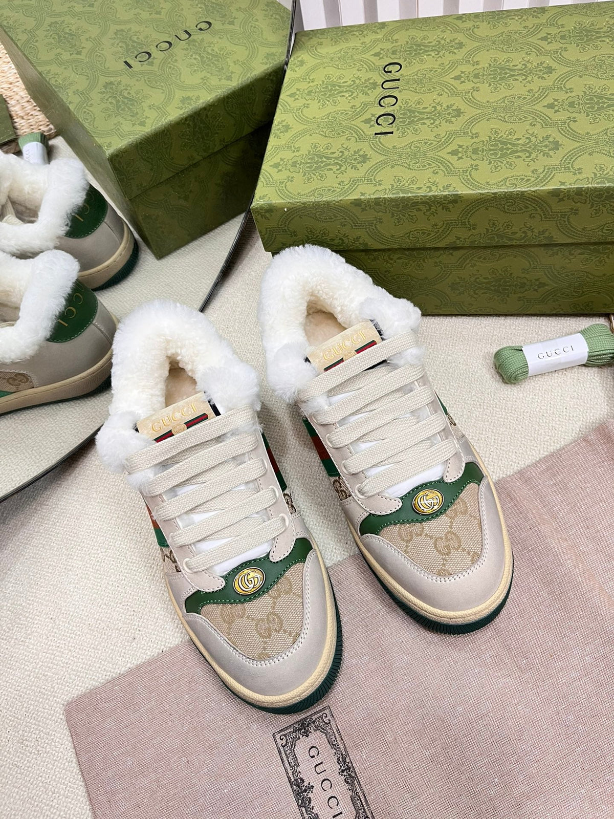 Gucci Sneaker with Web in Beige Green Fabric Mix Suede and Lamb Wool Lining