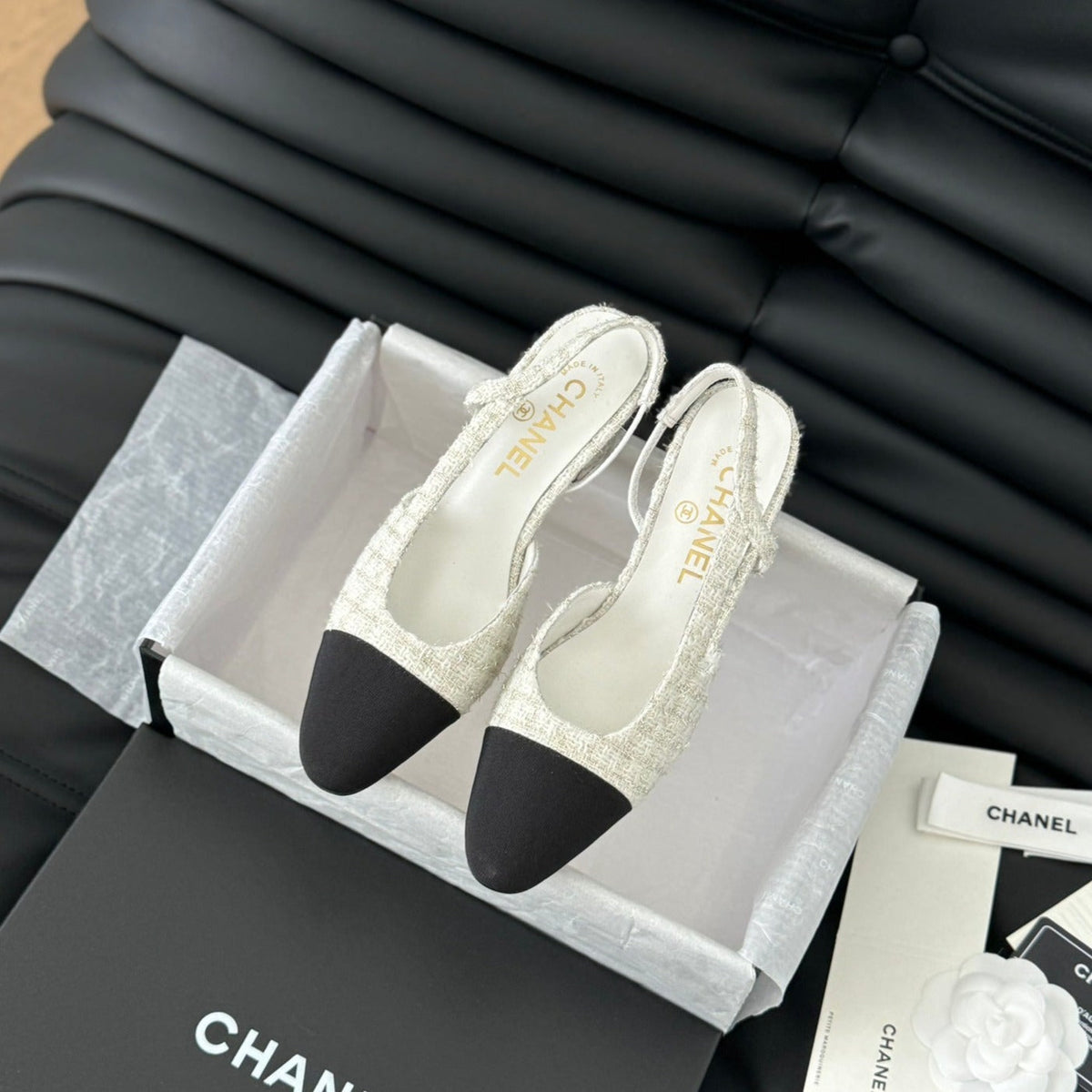 Chanel High Slingback in White Tweed and Black Lambskin