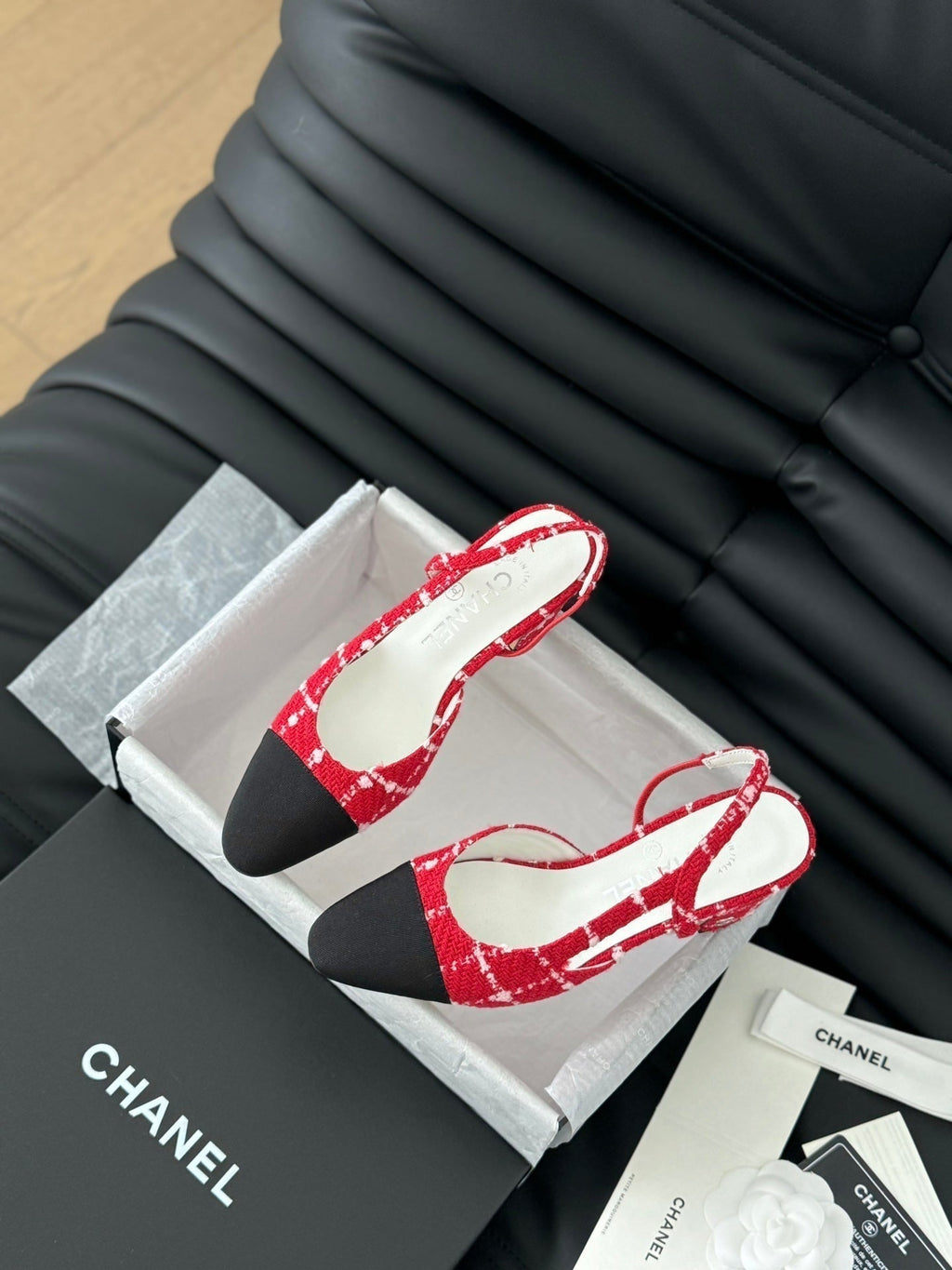 Chanel High Slingback in Cherry Red Tweed and Black Lambskin