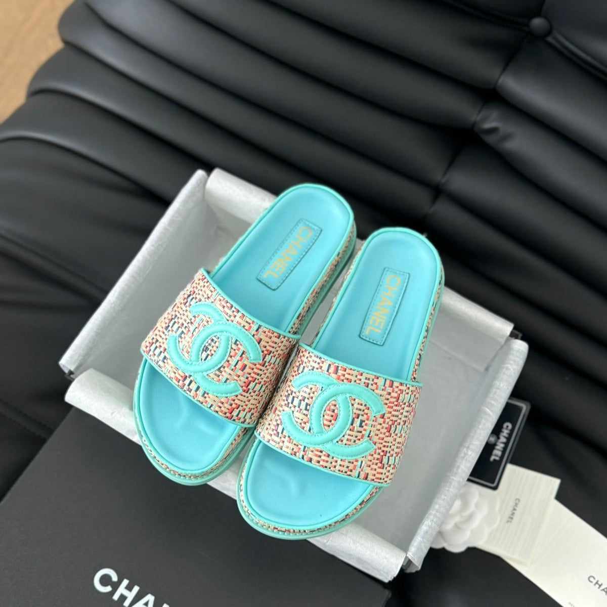 Chanel Slippers Sheepskin Azure Blue