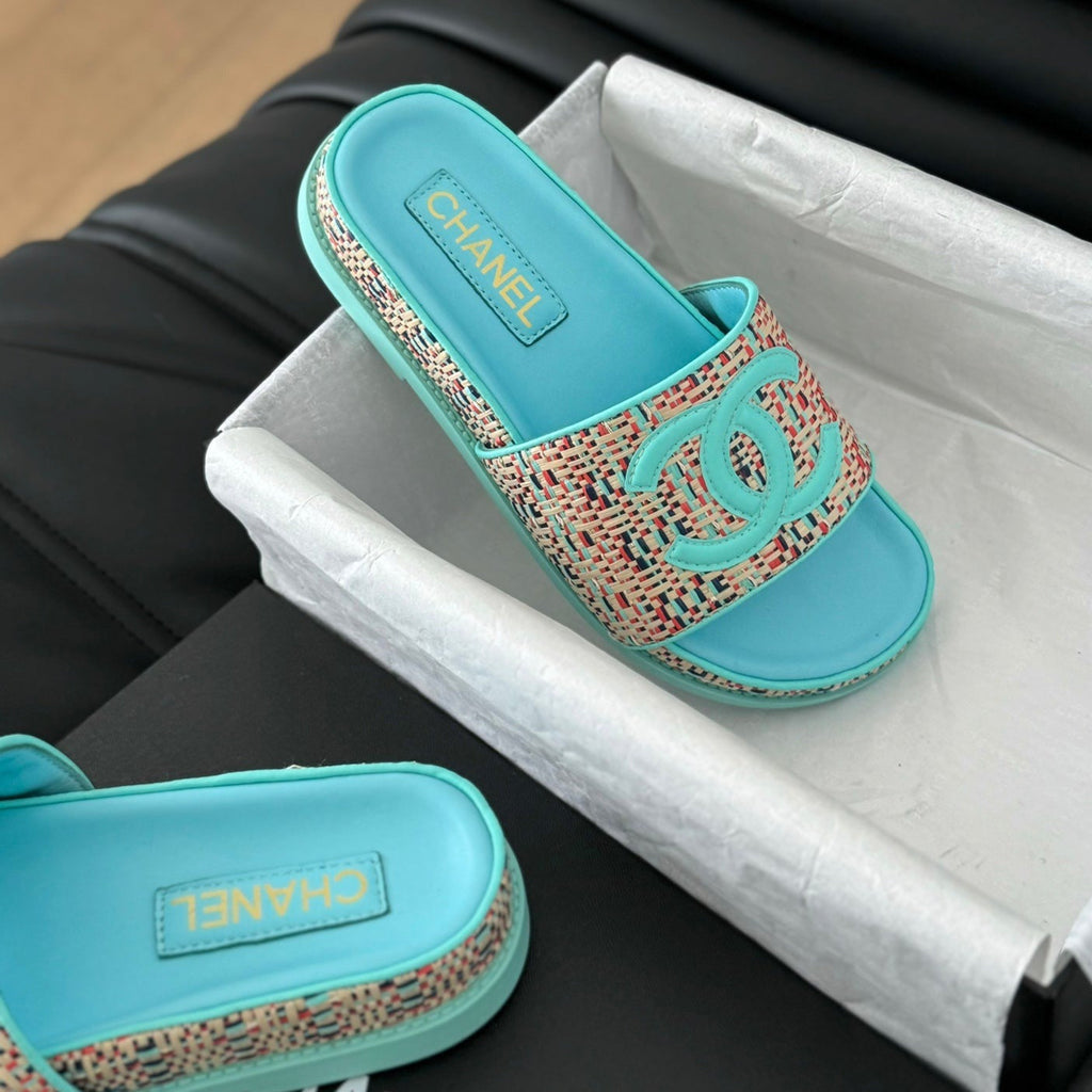 Chanel Slippers Sheepskin Azure Blue
