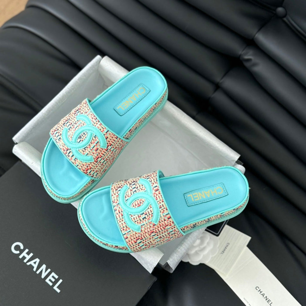 Chanel Slippers Sheepskin Azure Blue