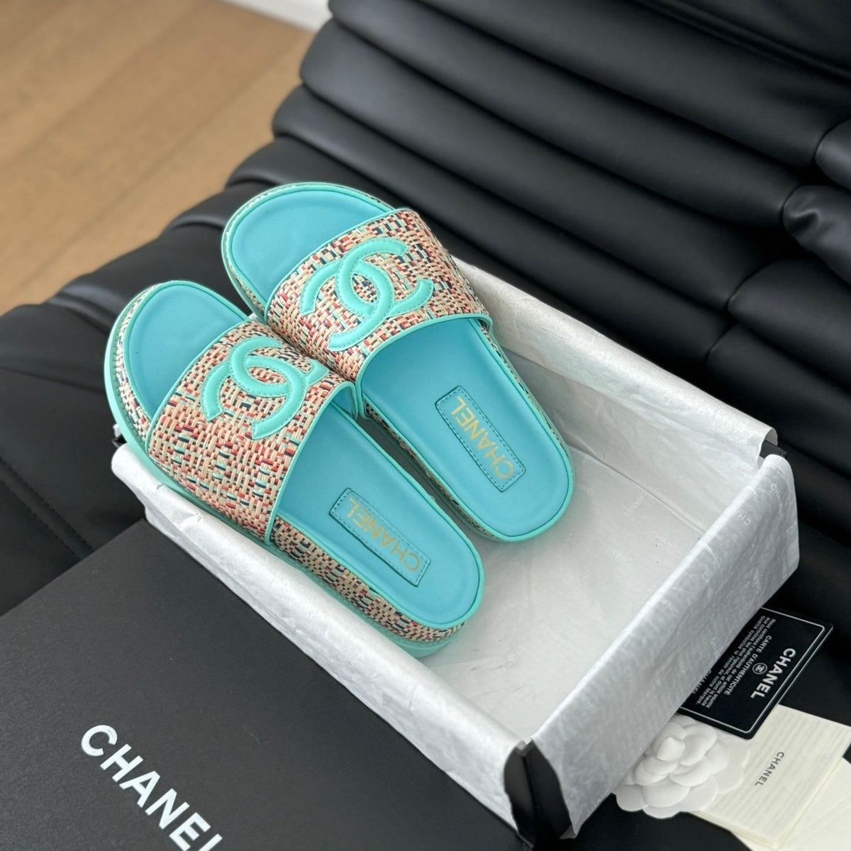 Chanel Slippers Sheepskin Azure Blue