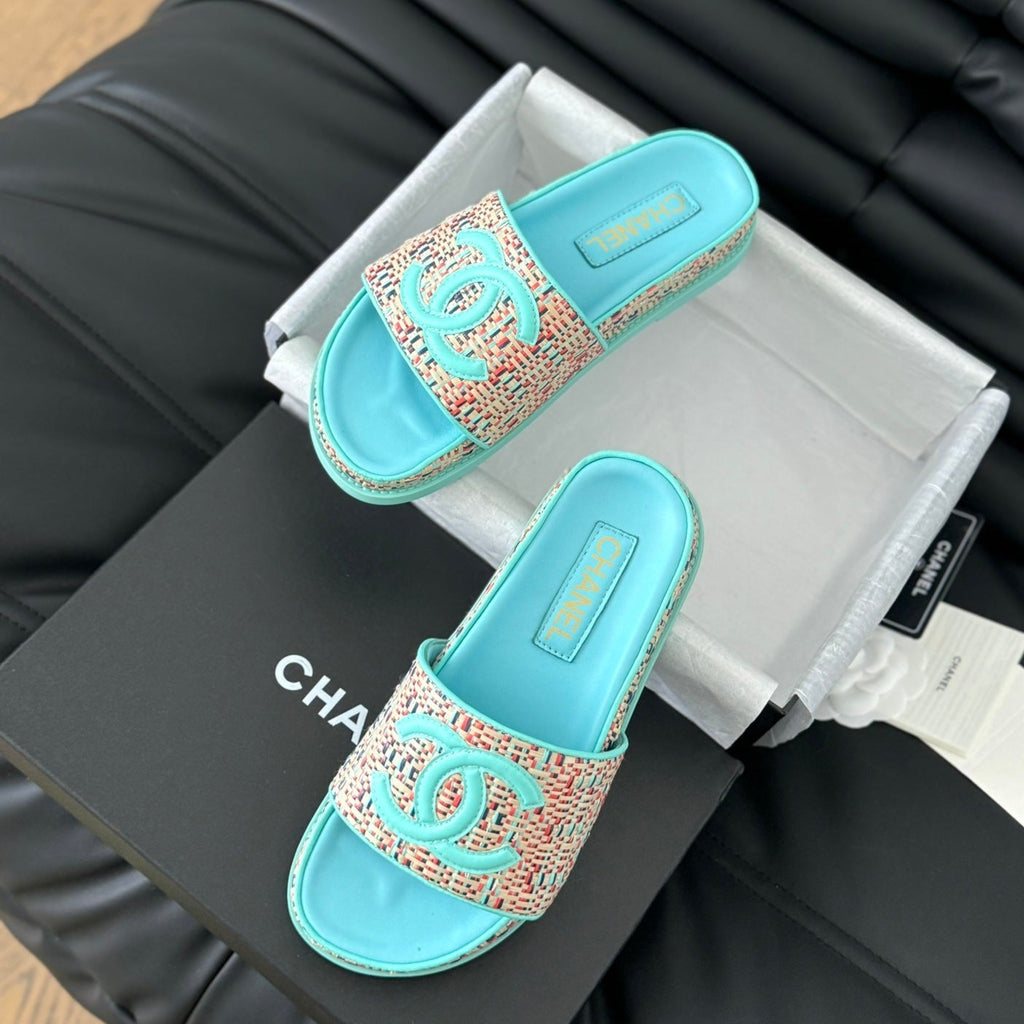 Chanel Slippers Sheepskin Azure Blue