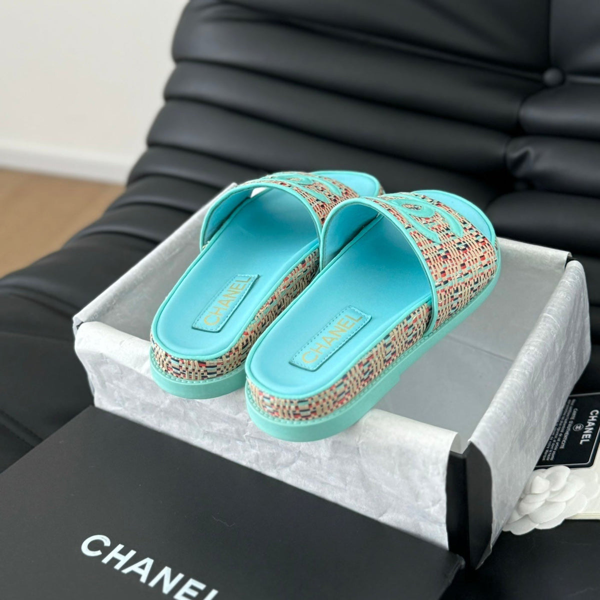 Chanel Slippers Sheepskin Azure Blue