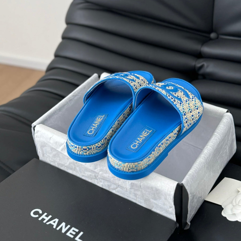 Chanel Slippers Sheepskin Cobalt Blue