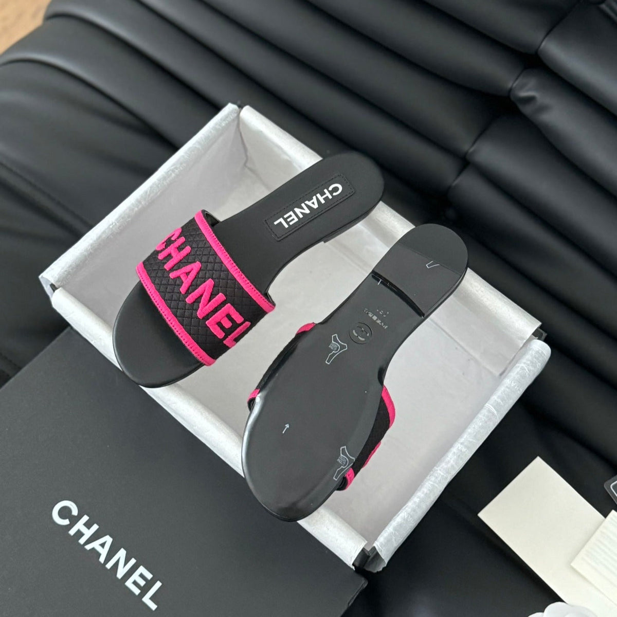 Chanel Woven Embroidered Letter Slippers Black Pink