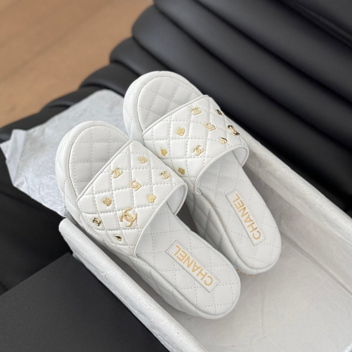 Chanel Thick Sole Slope Heel Weddge Lambskin White