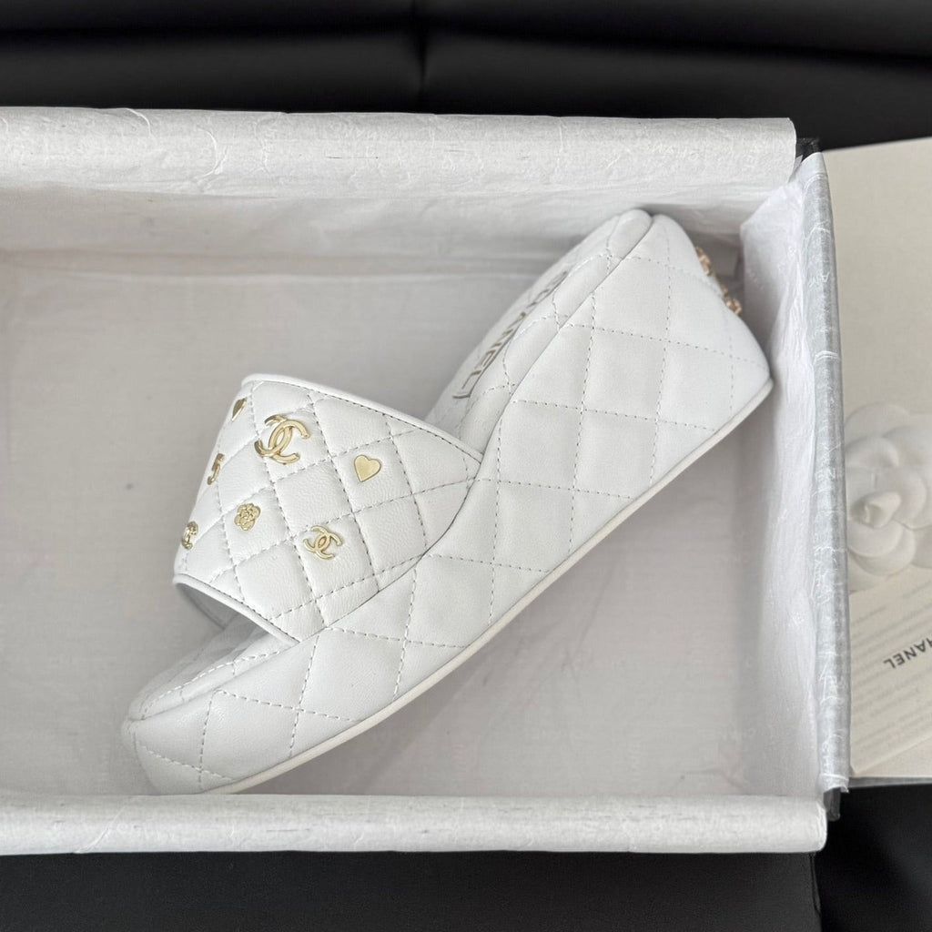 Chanel Thick Sole Slope Heel Weddge Lambskin White