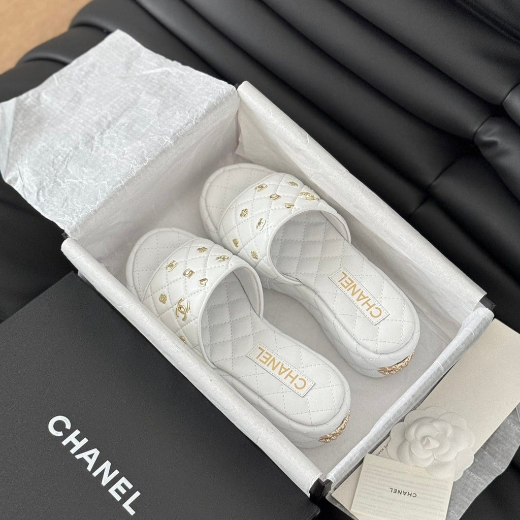 Chanel Thick Sole Slope Heel Weddge Lambskin White