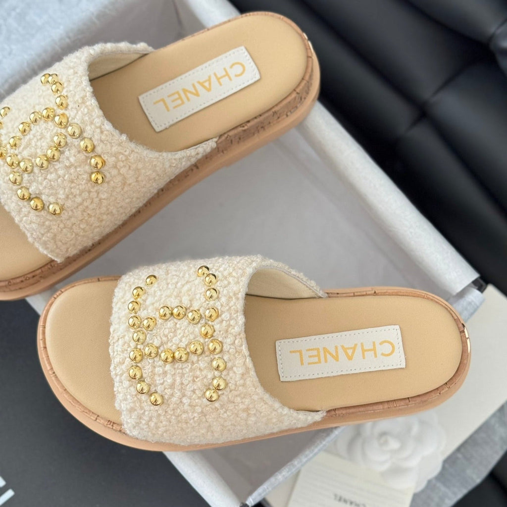 Chanel Slippers Platform Lambskin Beige Cream