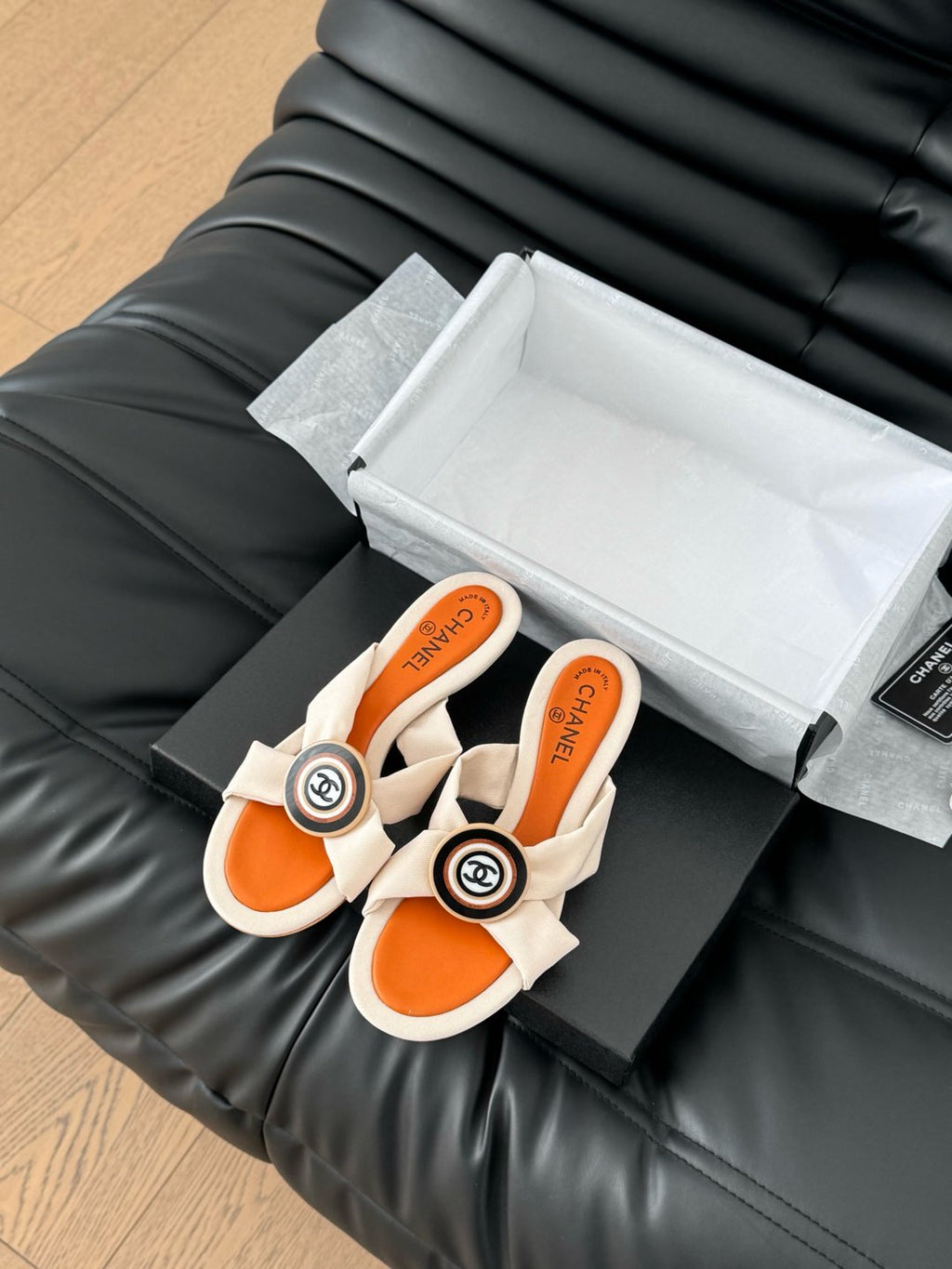 Chanel Vivid Orange Fabric Slide Sandals