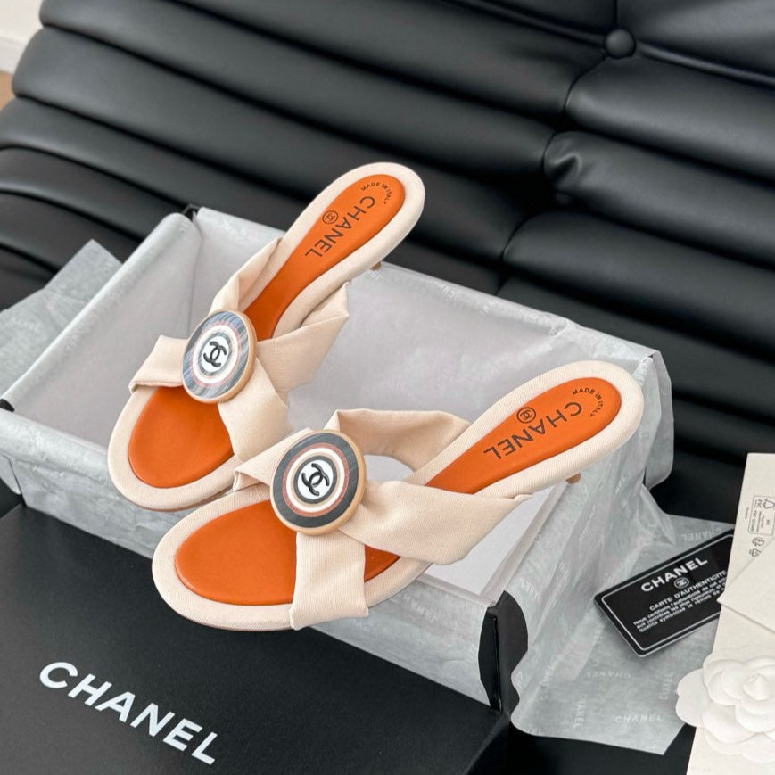 Chanel Vivid Orange Fabric Slide Sandals