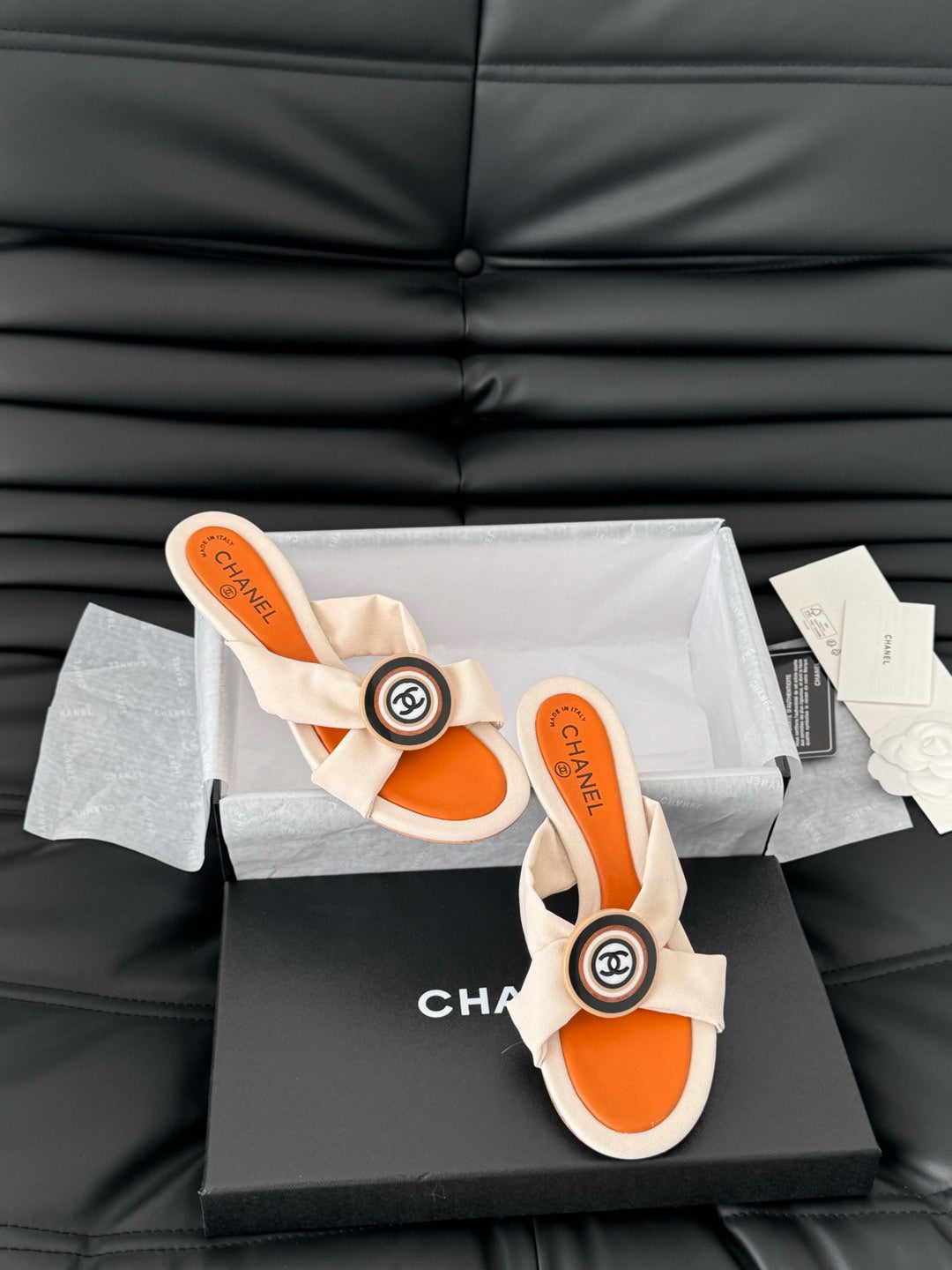 Chanel Vivid Orange Fabric Slide Sandals