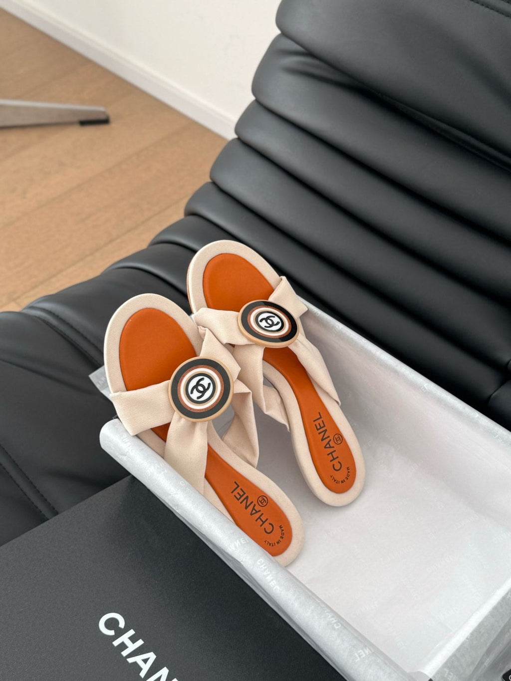 Chanel Vivid Orange Fabric Slide Sandals