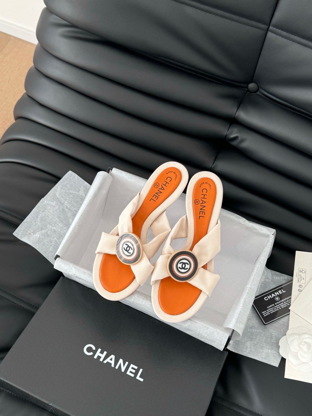 Chanel Vivid Orange Fabric Slide Sandals