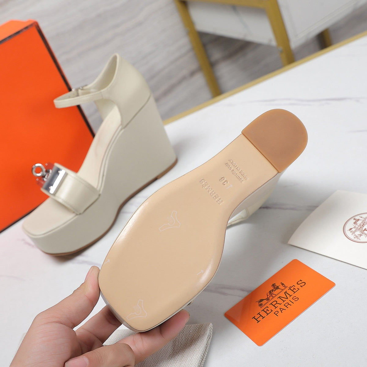 Hermes Wedges Sandals Snow Lambskin