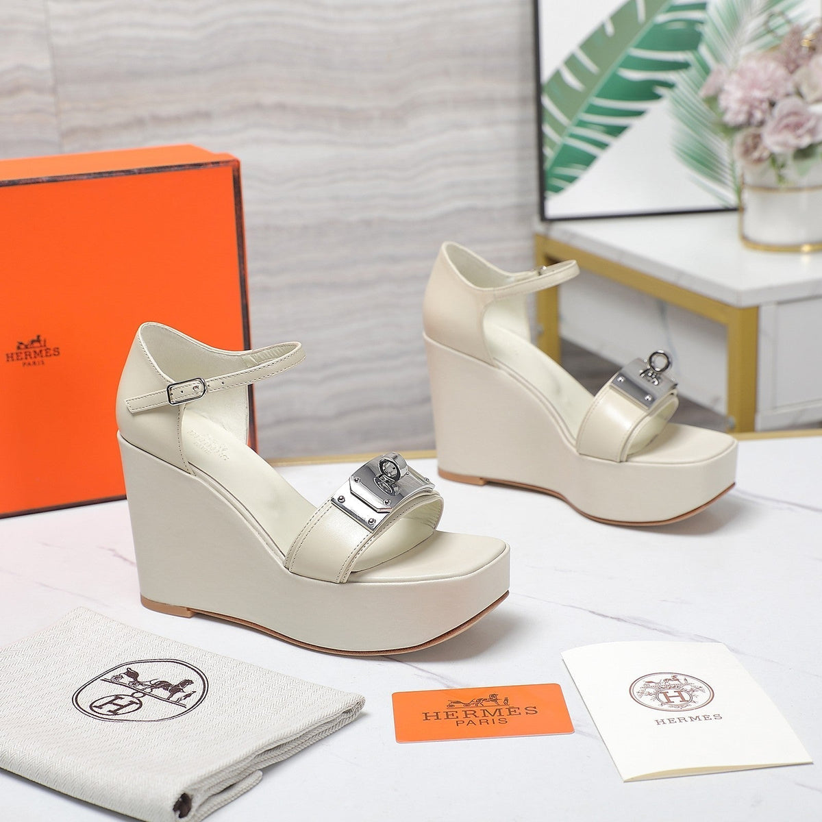 Hermes Wedges Sandals Snow Lambskin
