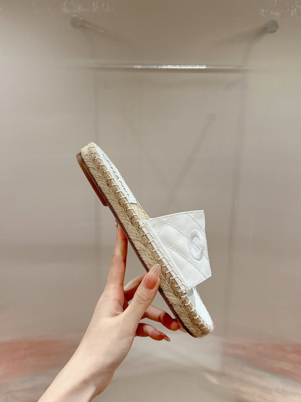Chanel Flat Slippers in White Lambskin Mix Beige Woven