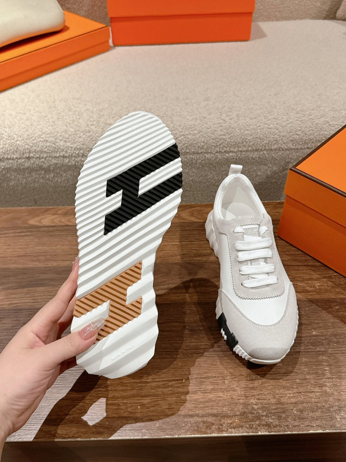 Hermes Mainland Sneaker in Pale Gray Suede and White Calfskin 959308