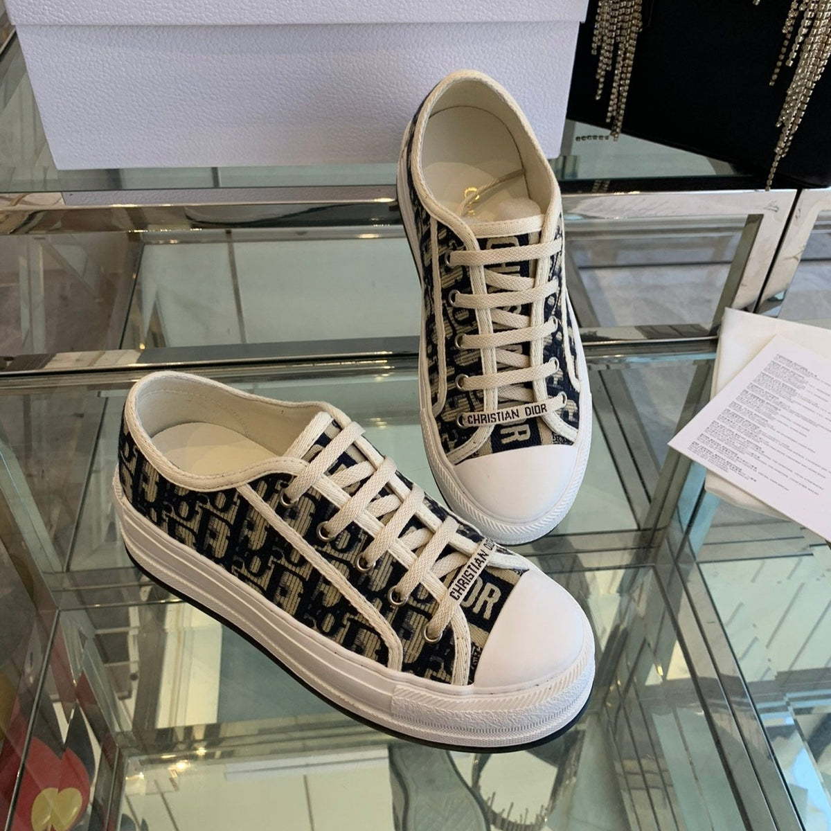 Dior Walk'N Platform Sneaker in Black Mix Camel Brown Embroidery Iconic Patterns Fabric