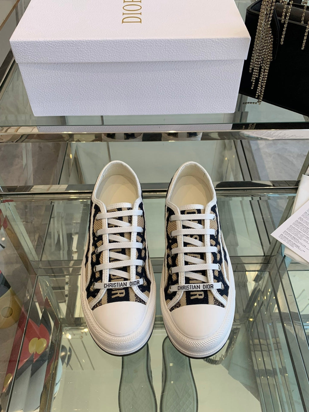 Dior Walk'N Platform Sneaker in Camel Beige Mix Black Embroidered Fabric