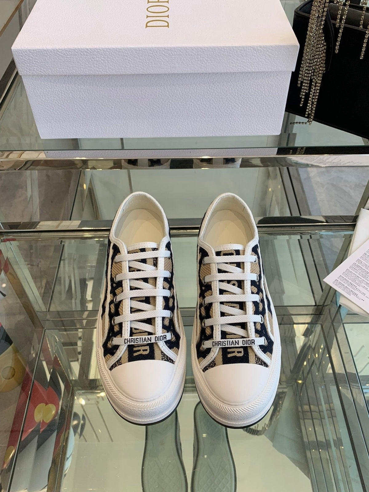 Dior Walk'N Platform Sneaker in Camel Beige Mix Black Embroidered Fabric