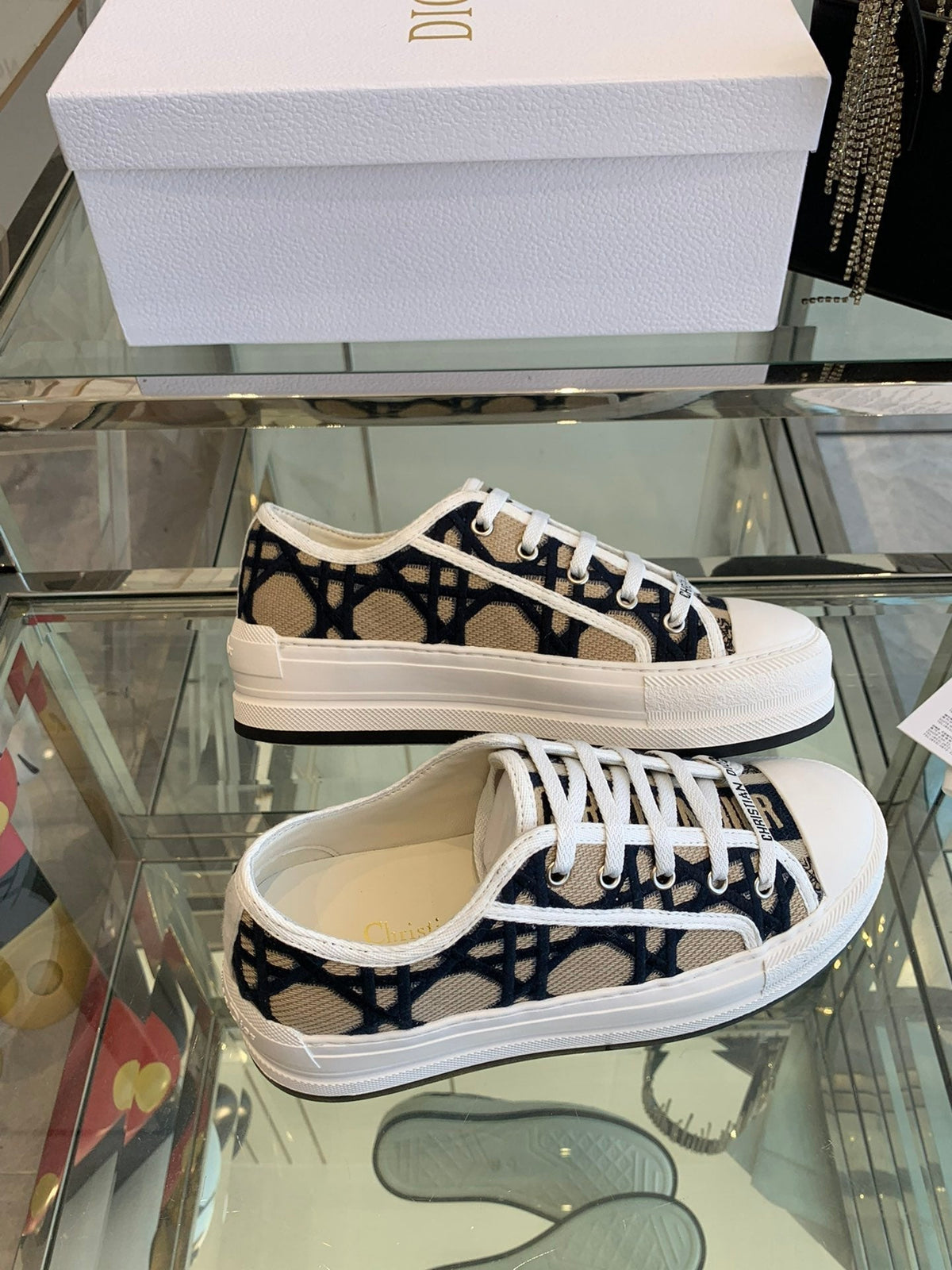 Dior Walk'N Platform Sneaker in Camel Beige Mix Black Embroidered Fabric