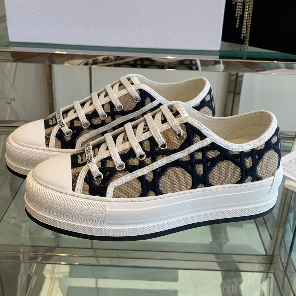 Dior Walk'N Platform Sneaker in Camel Beige Mix Black Embroidered Fabric
