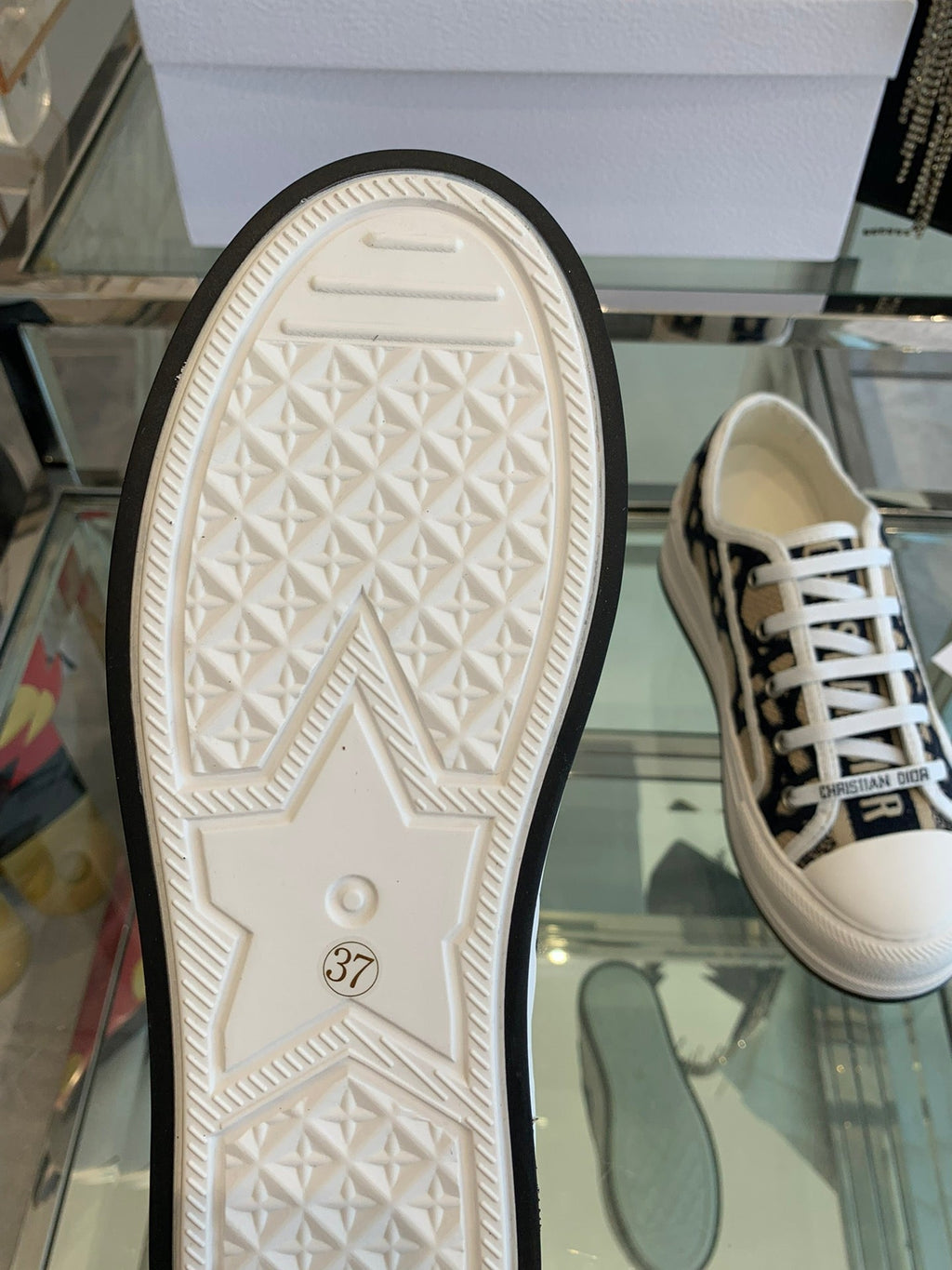 Dior Walk'N Platform Sneaker in Camel Beige Mix Black Embroidered Fabric