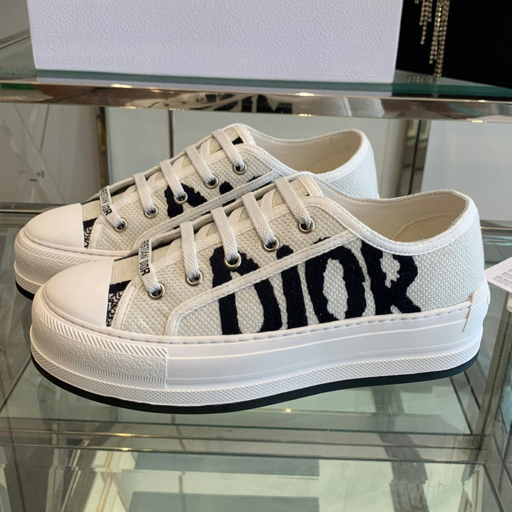 Dior Walk'N Platform Sneaker in White and Black Embroidered Cotton