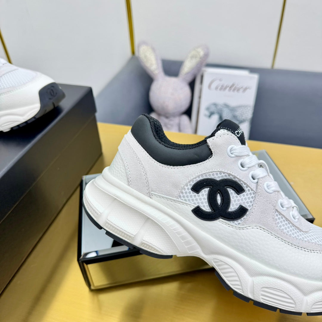 Chanel Sneaker in Pale Gray Suede with Black Logo and Mesh