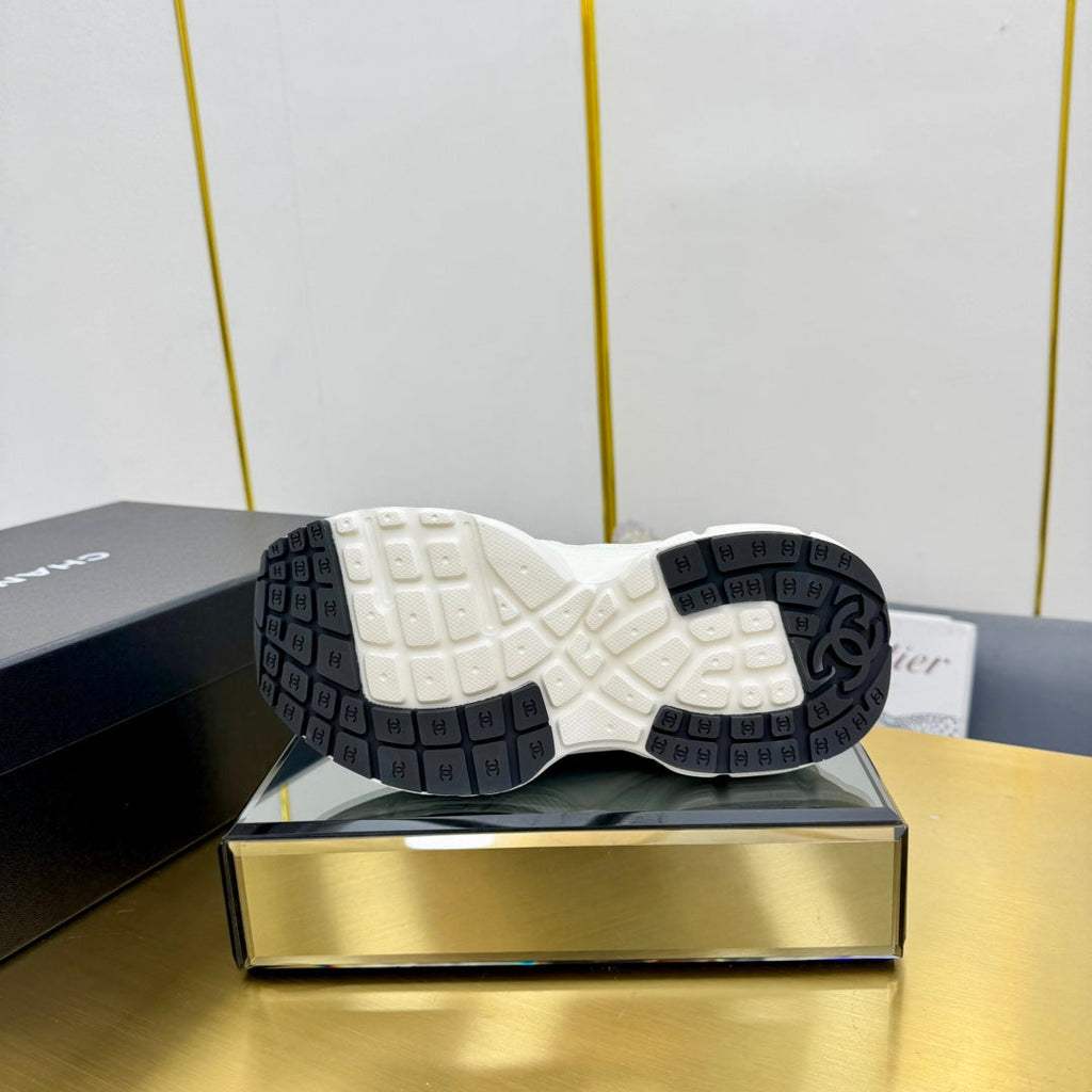 Chanel Sneaker in Pale Gray Suede with Black Logo and Mesh